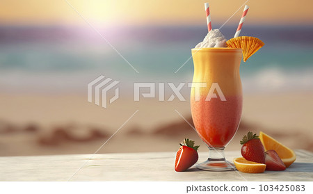 Close up of smoothie frappe fruits juice with other fruits, strawberries, orange, pineapple, sorbet, and peach on wooden table at summer beach an sea vacation background, with Generative AI. 103425083