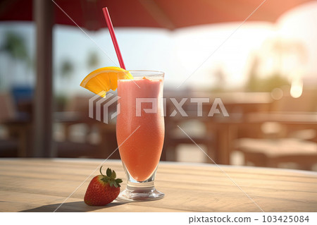 Close up of smoothie frappe fruits juice with other fruits, strawberries, orange, pineapple, sorbet, and peach on wooden table at summer beach an sea vacation background, with Generative AI. 103425084