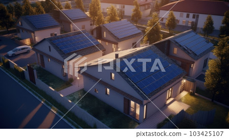 Modern European American village. Neat houses with solar panels on the roofs. Alternative source of electricity. The concept of renewable resources. 103425107