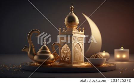Islamic holiday Ramadan kareem event background, decorate with Arabic lantern, moon, crescent, and mosque dome, festive greeting card design, Eid Mubarak scene, with Generative AI. 103425278