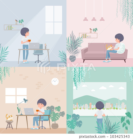 A set of T-shirt mash hair women relaxing in the room 103425343