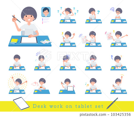 一組在平板設備上學習的 T 卹混搭頭髮女性 103425356