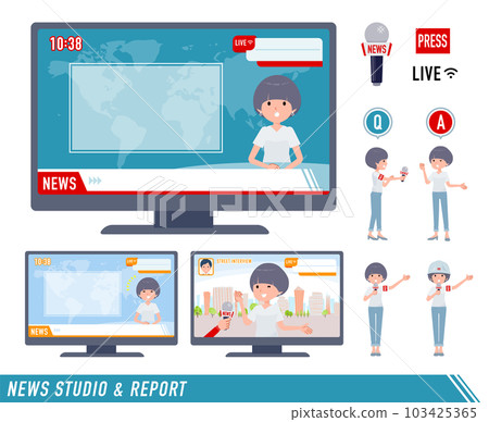 一組出現在新聞節目中的 T 卹混搭頭髮女性 一組出現在新聞節目中的 T 卹混搭頭髮女性 103425365