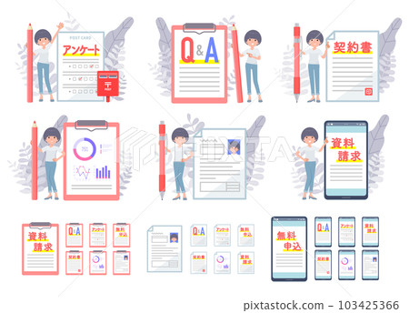 一套各種文件和 T 卹混搭頭髮的女人 一套各種文件和 T 卹混搭頭髮的女人 103425366