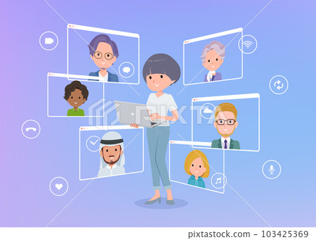 Set of t-shirt mush hair woman using laptop for online communication 103425369