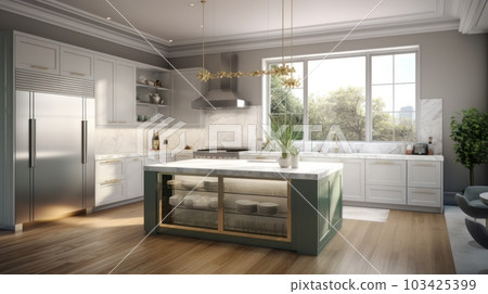 Modern spacious kitchen American European classic. A trendy combination of white and pistachio colors, white marble countertops, a large kitchen island with shelves for tableware. 103425399
