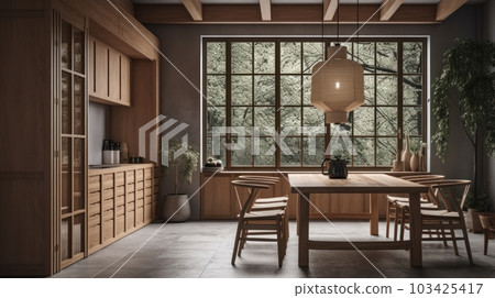 Modern kitchen and dining area japandi style. Natural wood floor, kitchen facades, dining table and chairs, wicker lampshades, plants. Large panoramic windows with garden view. 103425417