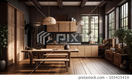 Modern kitchen and dining area japandi style. Natural wood floor, kitchen facades, dining table and chairs, wicker lampshades, plants. Large panoramic windows with garden view. 103425419
