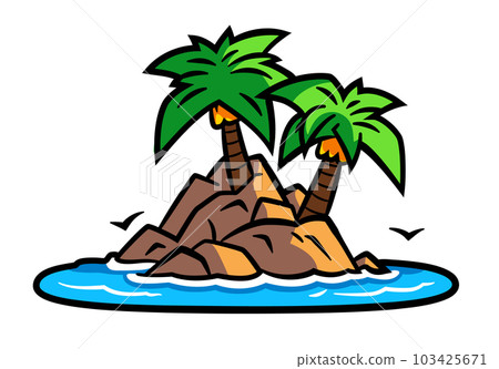 Palm tree on the island emblem. Two palms on rocky island sign. Palm tree on the island emblem. Two palms on rocky island sign. 103425671