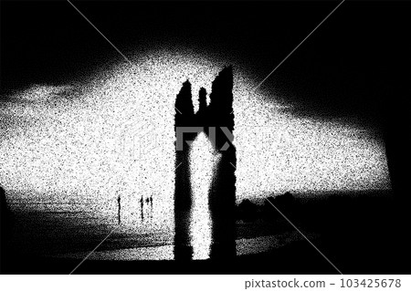 Ancient ruins in sci-fi scene with dotwork retro style. Mysterious gate debris with dramatic lights and retro texture 103425678
