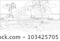 Dolphin Park Coloring Page with Little Girl Caretaker. Vector Illustration 103425705