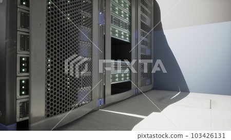 Server room with active rows of supercomputers 103426131