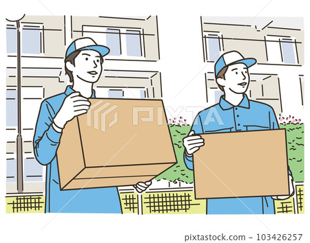 A scene where multiple male workers carry cardboard boxes A scene where multiple male workers carry cardboard boxes 103426257