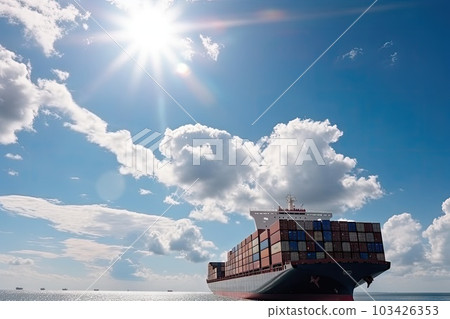 Aerial top view of cargo container business ship, global express in the ocean, logistic freight shipping and transportation, container cargo maritime ship with Generative AI. Aerial top view of cargo container business ship, global express in the ocean, logistic freight shipping and transportation, container cargo maritime ship with Generative AI. 103426353