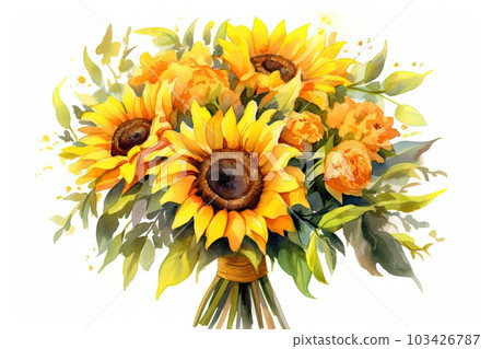 Sunny Sunflower Bouquet watercolor illustration. Sunny Sunflower Bouquet watercolor illustration. 103426787