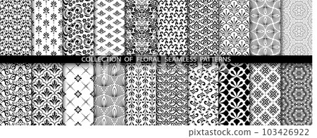 Geometric floral set of seamless patterns. White and black vector backgrounds. Damask graphic ornaments. 103426922