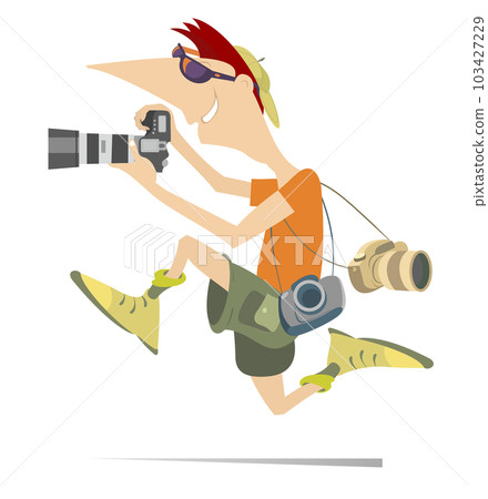 Running young photographer.  Running young man with a camera making photo. Isolated on white background 103427229