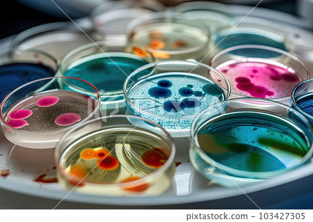 Colorful variety of microorganism inside petri dish plate in laboratory with super macro zoom background, including of bacteria, protozoa, algae, and fungi, with Generative AI. Colorful variety of microorganism inside petri dish plate in laboratory with super macro zoom background, including of bacteria, protozoa, algae, and fungi, with Generative AI. 103427305