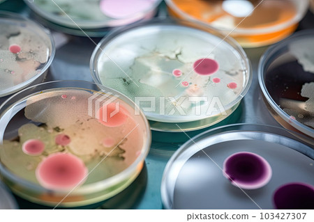 Colorful variety of microorganism inside petri dish plate in laboratory with super macro zoom background, including of bacteria, protozoa, algae, and fungi, with Generative AI. Colorful variety of microorganism inside petri dish plate in laboratory with super macro zoom background, including of bacteria, protozoa, algae, and fungi, with Generative AI. 103427307