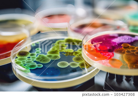 Colorful variety of microorganism inside petri dish plate in laboratory with super macro zoom background, including of bacteria, protozoa, algae, and fungi, with Generative AI. 103427308