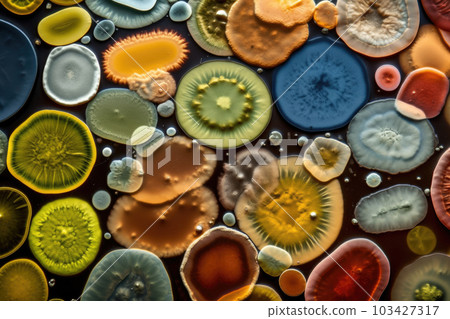 Colorful variety of microorganism inside petri dish plate in laboratory with super macro zoom background, including of bacteria, protozoa, algae, and fungi, with Generative AI. Colorful variety of microorganism inside petri dish plate in laboratory with super macro zoom background, including of bacteria, protozoa, algae, and fungi, with Generative AI. 103427317