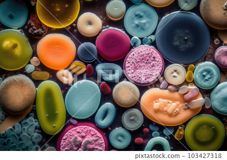 Colorful variety of microorganism inside petri dish plate in laboratory with super macro zoom background, including of bacteria, protozoa, algae, and fungi, with Generative AI. Colorful variety of microorganism inside petri dish plate in laboratory with super macro zoom background, including of bacteria, protozoa, algae, and fungi, with Generative AI. 103427318