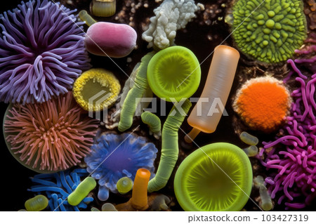 Colorful variety of microorganism inside petri dish plate in laboratory with super macro zoom background, including of bacteria, protozoa, algae, and fungi, with Generative AI. Colorful variety of microorganism inside petri dish plate in laboratory with super macro zoom background, including of bacteria, protozoa, algae, and fungi, with Generative AI. 103427319