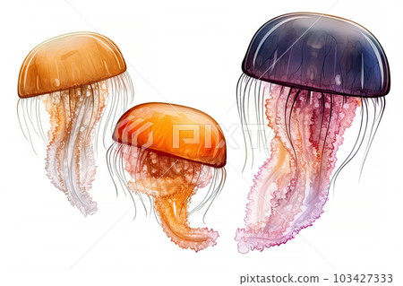 Colorful of Jellyfish clipart isolated on white background, marine life animals, Jellyfish dancing and swimming, with Generative AI. 103427333
