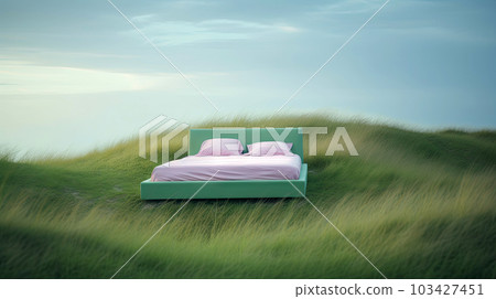 Lonely bed stand on grass dune hill with beautiful sky, surreal dreamlike landscape, minimal background, creative scene, Desert scene with furniture, with Generative Ai. 103427451