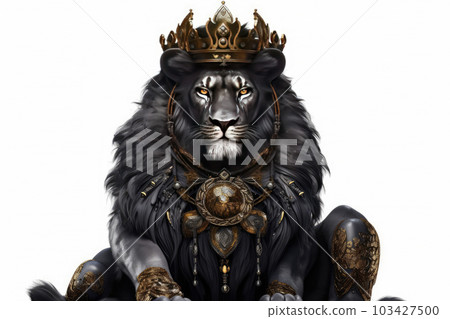 The Royal Black lion with luxury dress costume. Close up Portrait King lion with throne and crown isolated on white background. Generative AI. The Royal Black lion with luxury dress costume. Close up Portrait King lion with throne and crown isolated on white background. Generative AI. 103427500