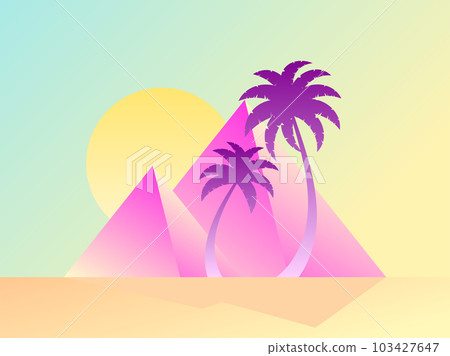 Pyramids with palm trees and sun, colorful gradient. Landscape with ancient Egyptian pyramids in modern style. Summer time. Design for banners, posters and promotional items. Vector illustration 103427647