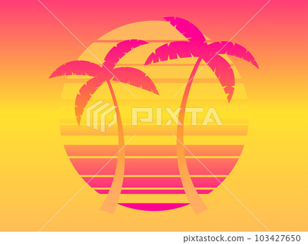 Two palm trees on a sunset 80s retro sci-fi style. Summer time. Futuristic sun retro wave with gradient color. Design for advertising brochures, banners, posters, travel agencies. Vector illustration 103427650