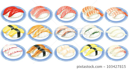 Illustration set of nigiri sushi on a plate Sushi Illustration set of nigiri sushi on a plate Sushi 103427815