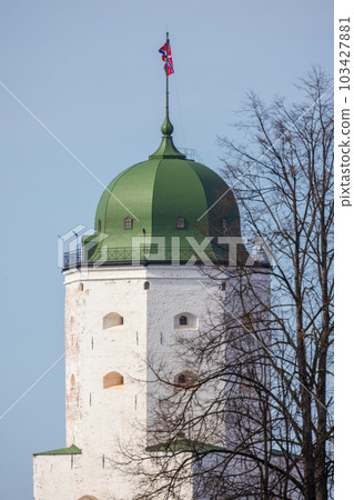White tower of Vyborg Castle on a sunny day. Russia. Close up 103427881