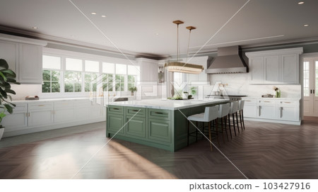 Modern spacious kitchen American European classic. A trendy combination of white and pistachio colors, white marble countertops, a large kitchen island with bar stools. Modern spacious kitchen American European classic. A trendy combination of white and pistachio colors, white marble countertops, a large kitchen island with bar stools. 103427916
