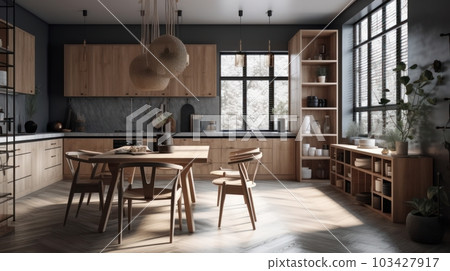 Modern kitchen and dining area japandi style. Natural wood floor, kitchen facades, dining table and chairs, wicker lampshades, plants. Large panoramic windows with garden view. 103427917