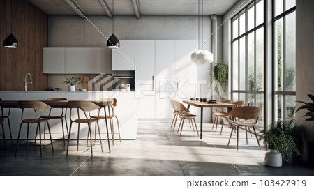 Modern spacious kitchen in a minimalist loft style with a dining area. The combination of concrete and wood, natural colors, large panoramic windows overlooking the garden. 103427919