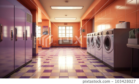 Modern business laundry, industrial washing machines stand in a row in a bright clean room. Modern industry and life. 103428027