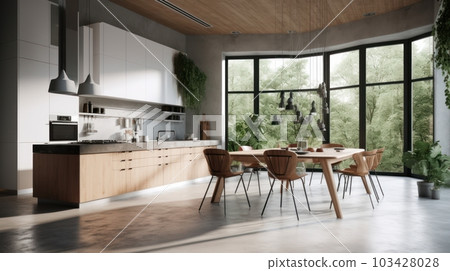 Modern spacious kitchen in a minimalist loft style with a dining area. The combination of concrete and wood, natural colors, large panoramic windows overlooking the garden. 103428028
