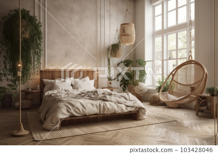 Cozy rustic bedroom with boho ethnic decor. Large windows. Double wooden bed  with many pillows and handmade textiles. Wooden furniture. Plants in the  interior. Nobody. Large windows in appartment. Stock Photo