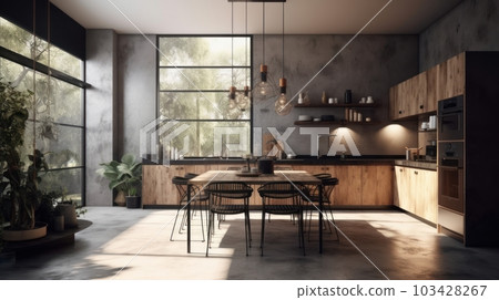 Modern spacious kitchen in a minimalist loft style with a dining area. The combination of concrete and wood, natural colors, large panoramic windows overlooking the garden. Modern spacious kitchen in a minimalist loft style with a dining area. The combination of concrete and wood, natural colors, large panoramic windows overlooking the garden. 103428267