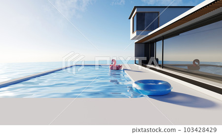 3D render modern and luxury building architecture design concept, summer villa house residence and private with swimming pool and sea view, private zone, hotel or resort with space for sunbathing. 103428429