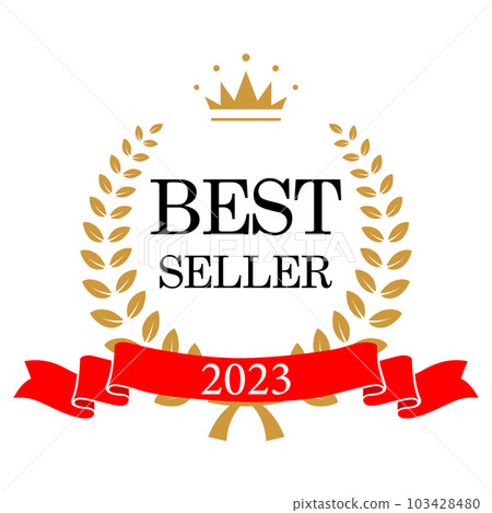 Best seller emblem, badge with wreath of laurel leaves frame, golden crown and 2023 text on red ribbon vector illustration. Bestseller premium label template, trophy for winner with top sales 103428480
