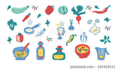 Design elements for kitchen utensils, drinks and products. Cooking flat hand drawn illustration. Color clipart of ingredients for cooking. Sketch of kitchen utensils. Isolated scandinavian cartoon 103428511