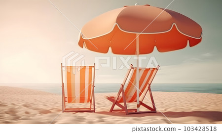 Orange beach umbrella with chairs on the sand beach - summer vacation theme header, neural network generated art 103428518