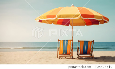 Beach umbrella with two chairs on the sand beach - summer vacation theme header, neural network generated art 103428519