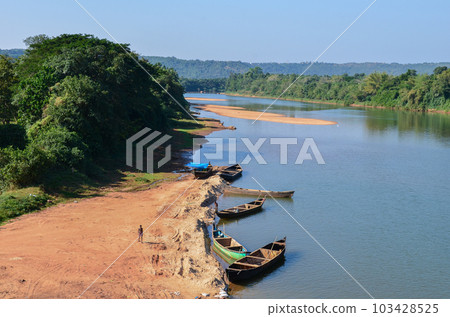 River with lush green coconut palms on the banks 103428525