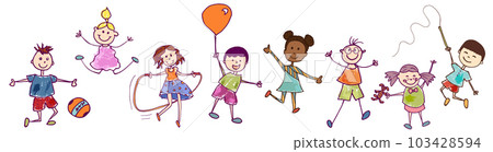 Diversity group of happy sweet kids in action playing and jumping. Kindergarten. Preschool. Funny active and joyful smiling children with cute clothes. Stylized drawing. Vignetting ink 103428594