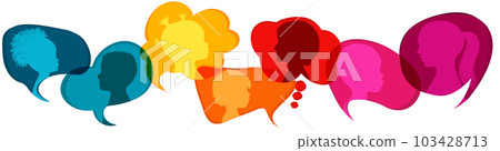Speech bubble.Multicultural kindergarten.Silhouette group of modern children in rainbow colored profile.Communication multi-ethnic children.Children talking.Globalization Speech bubble.Multicultural kindergarten.Silhouette group of modern children in rainbow colored profile.Communication multi-ethnic children.Children talking.Globalization 103428713