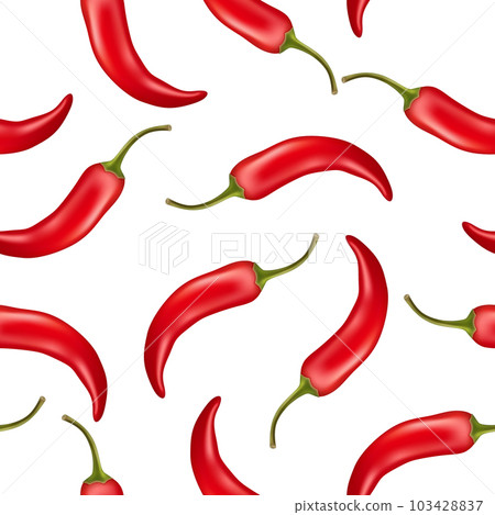 Vector Seamless Pattern with 3d Realistic Red Hot Chilli Pepper on White Background. Fresh Chilli Hot Pepper Design Template for Culinary Concept. Vector Illustration Vector Seamless Pattern with 3d Realistic Red Hot Chilli Pepper on White Background. Fresh Chilli Hot Pepper Design Template for Culinary Concept. Vector Illustration 103428837